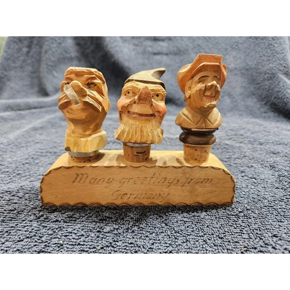 Hand Carved‎ Hand Painted Wood Bottle Toppers Set of 3 with holder Germany Vtg